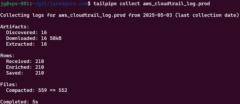 Tailpipe collecting CloudTrail logs